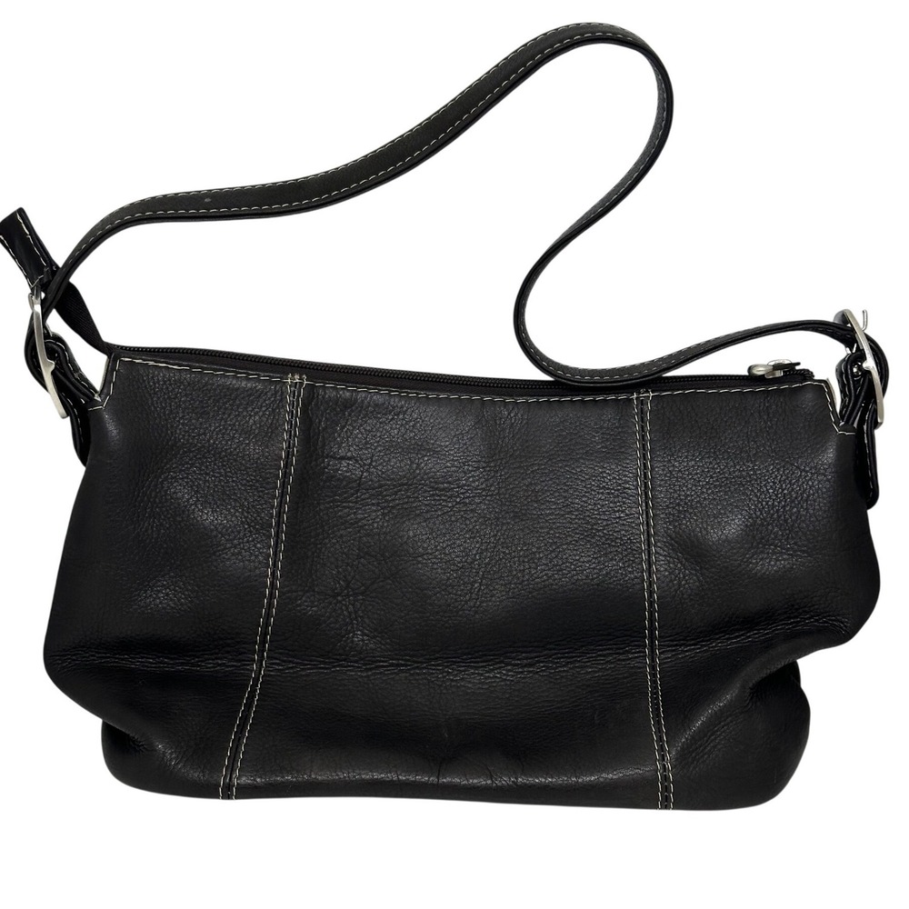 Piel Shoulder Bag Black Leather Y2K Contrast Stitch Buckle Strap Small Womens